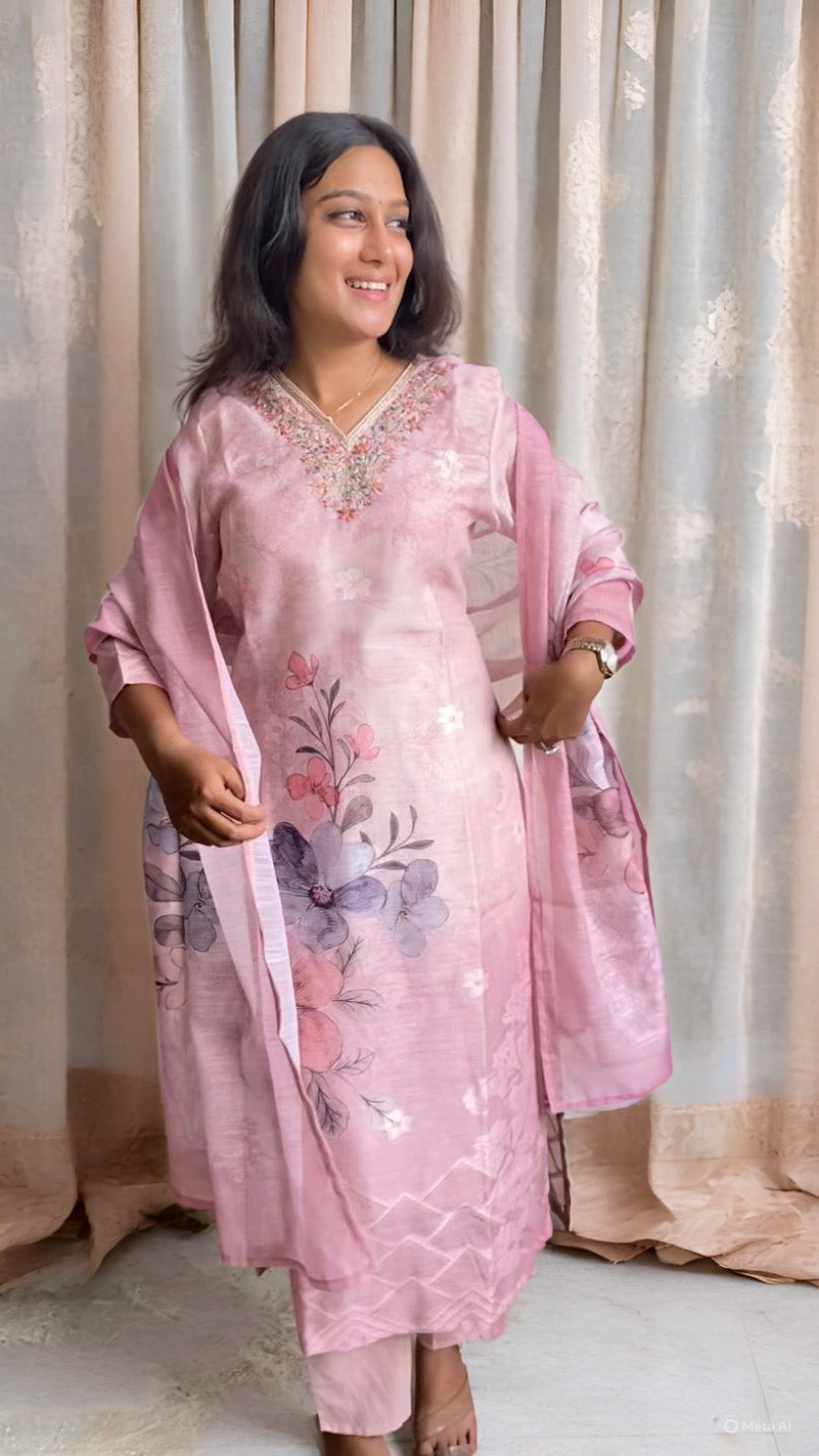 Blush Pink Floral Kurta Set with Embroidered Neckline & Dupatta
