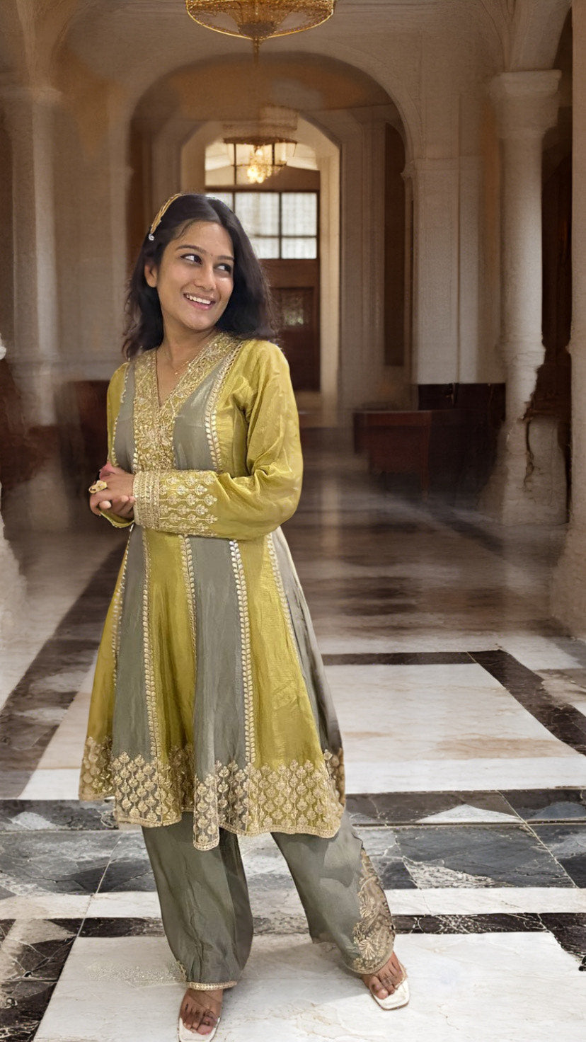 Olive Green & Mustard Anarkali Suit Set with Zari Embroidery and Silk Finish