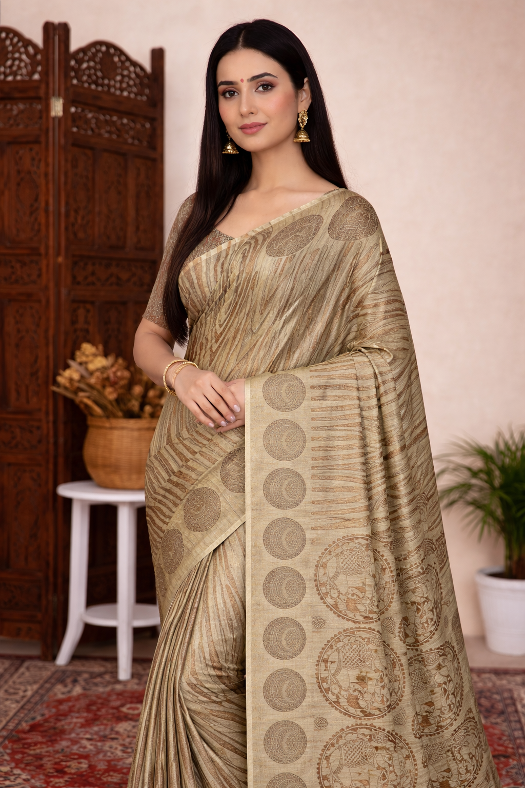 Beige & Brown Abstract Motif Linen Saree