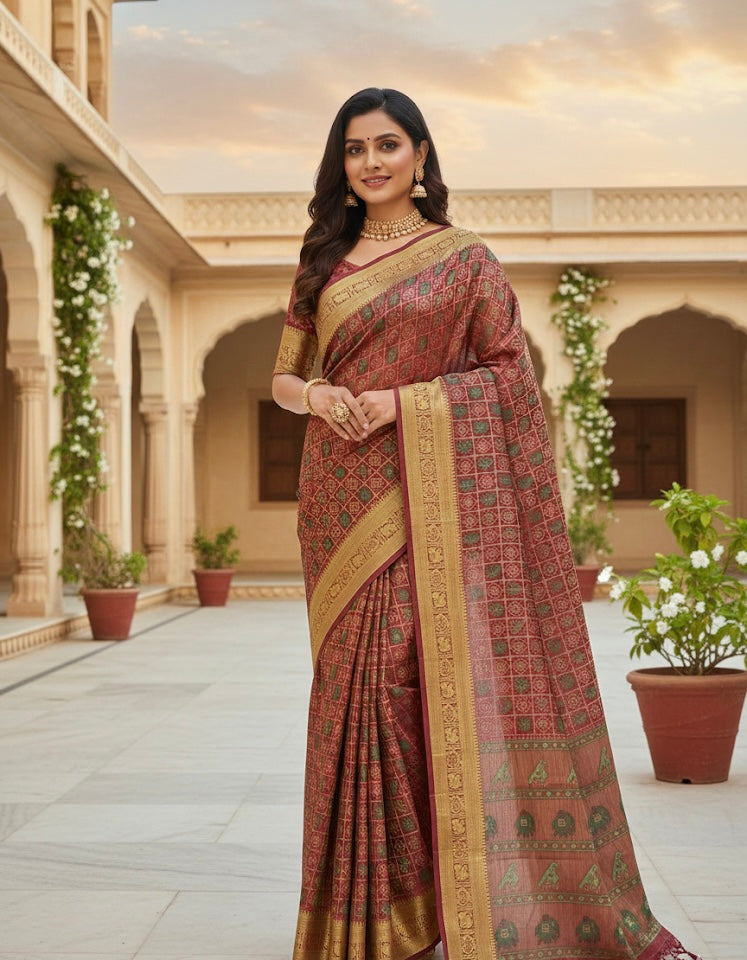 Traditional Woven Silk Saree with Geometric & Elephant Motifs – Green, Maroon & Red