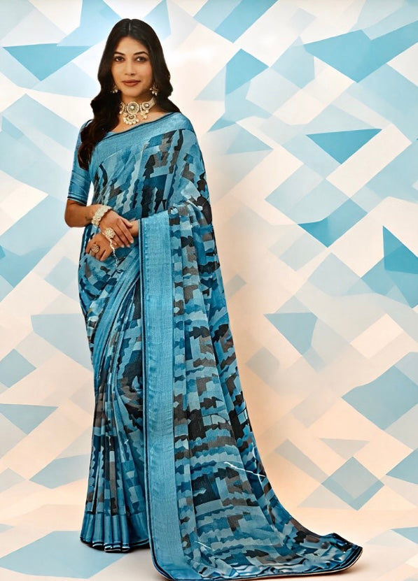 Aqua Mirage Geometric Saree
