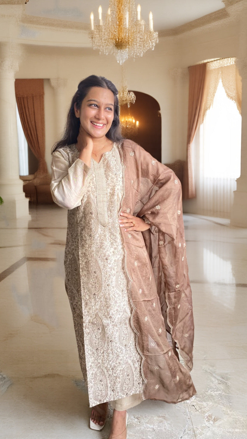 Champagne Beige Chikankari Kurta Set with Embroidered Dupatta