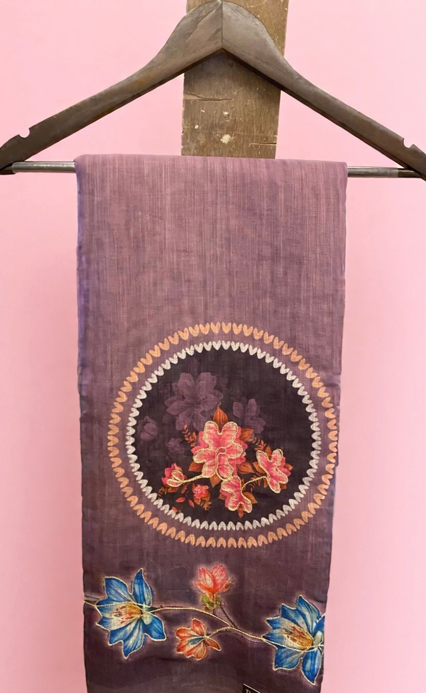 Coffee Brown Saree with Floral Digital Print