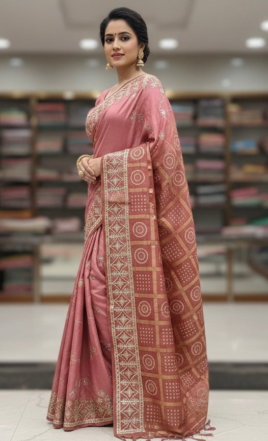 Rosewood Handblock Printed Silk Blend Saree with Bandhani Border