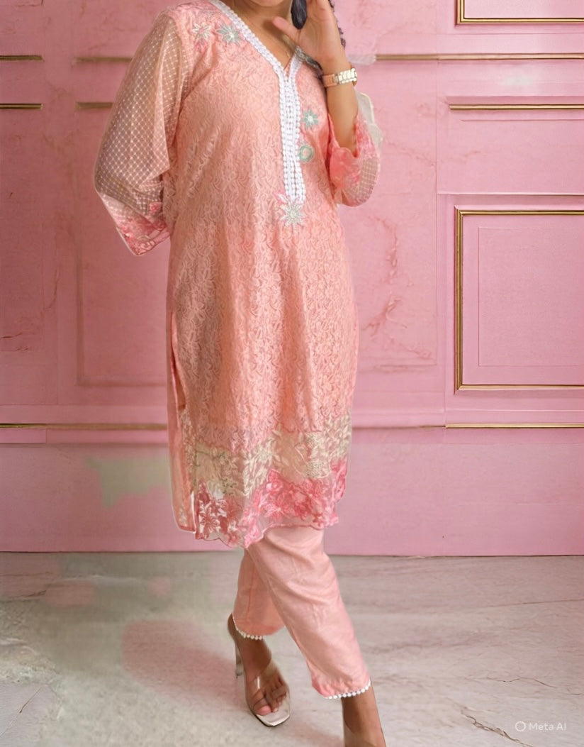Peach Embroidered Kurta Set with Net Sleeves and Scalloped Hem