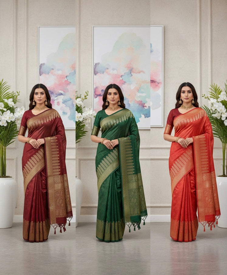 Classic Banarasi Silk Saree with Rich Zari Border – 3 Colors
