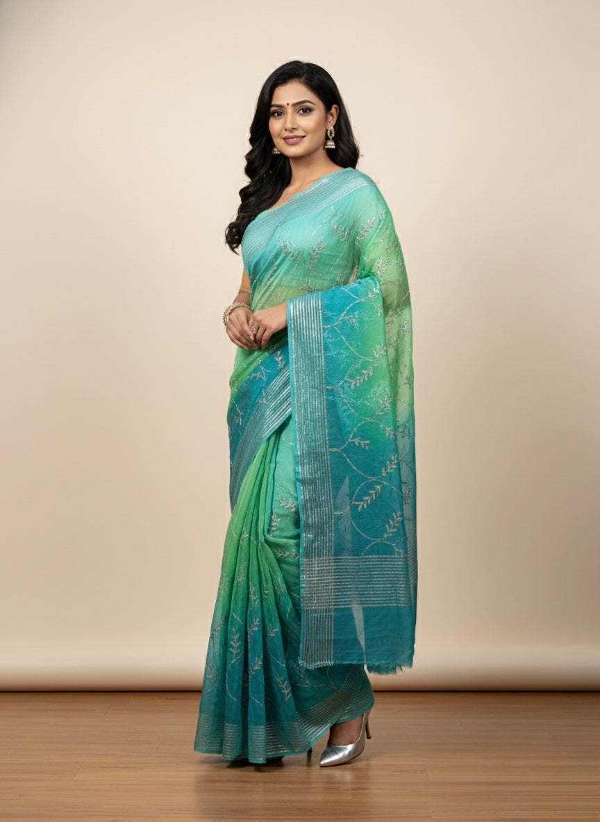 Elegant Botanical Linen Silk Saree with Subtle Zari Border