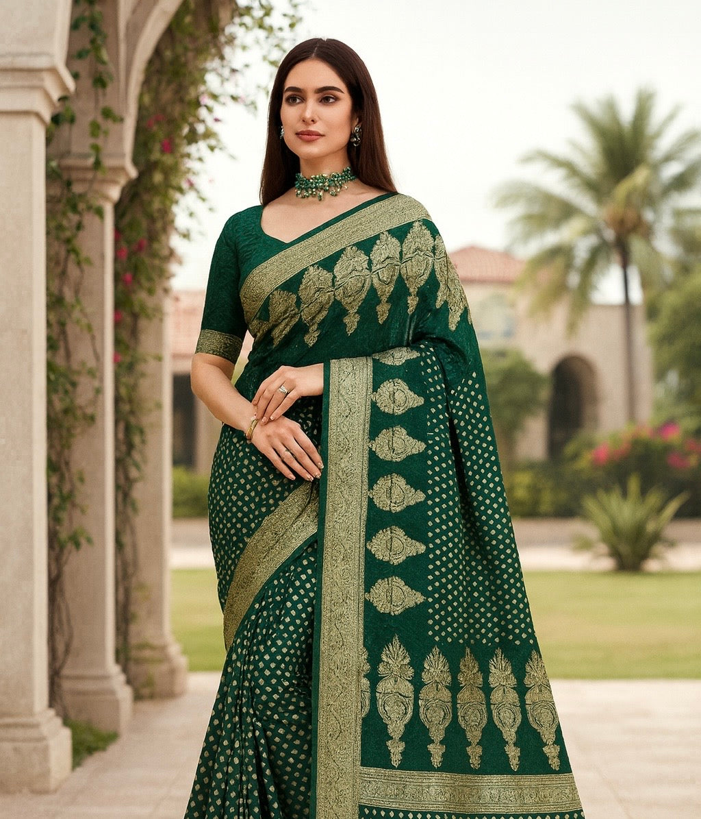 Deep Emerald Green Woven Silk Saree with Heavy Gold Zari Work