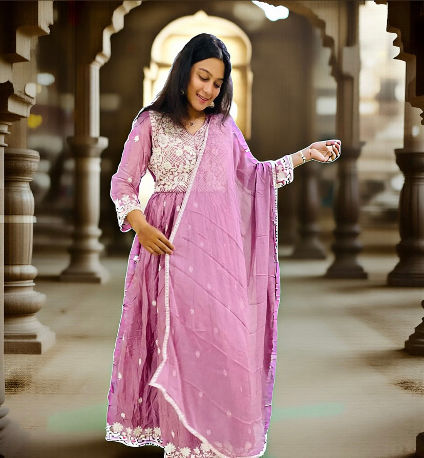 Mauve Embroidered Anarkali Gown with Dupatta