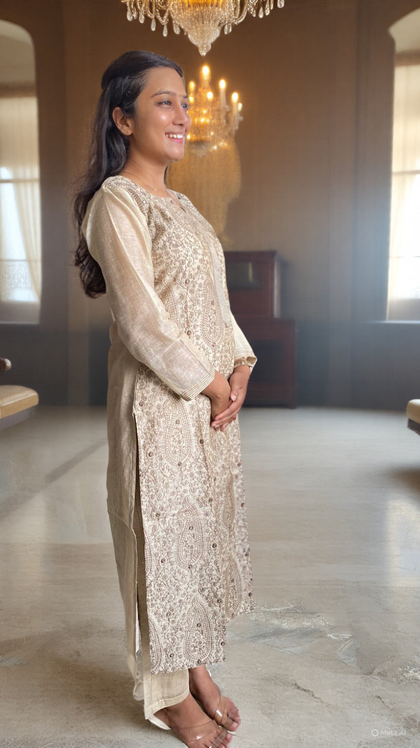 Champagne Beige Chikankari Kurta Set with Embroidered Dupatta