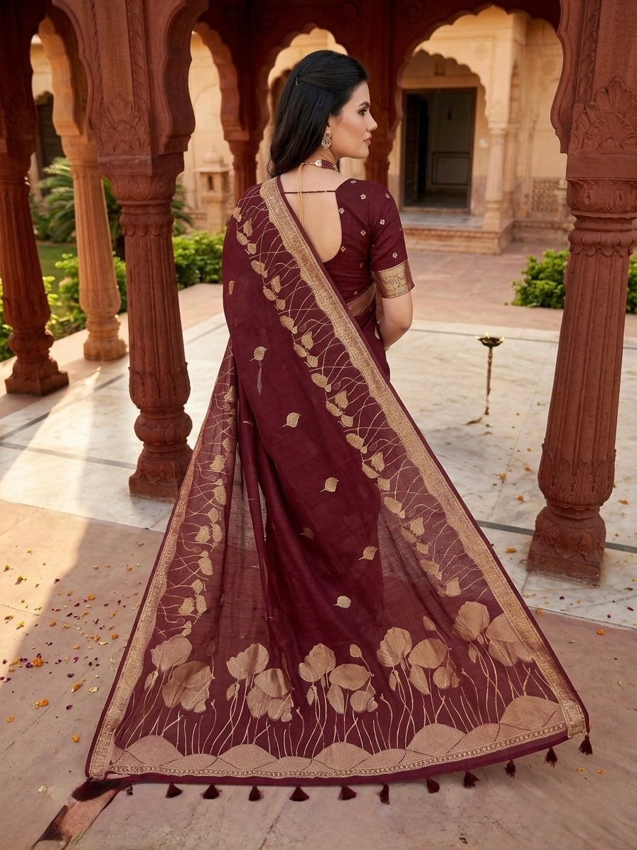 Wine Maroon Gold Zari Floral Elegance Saree