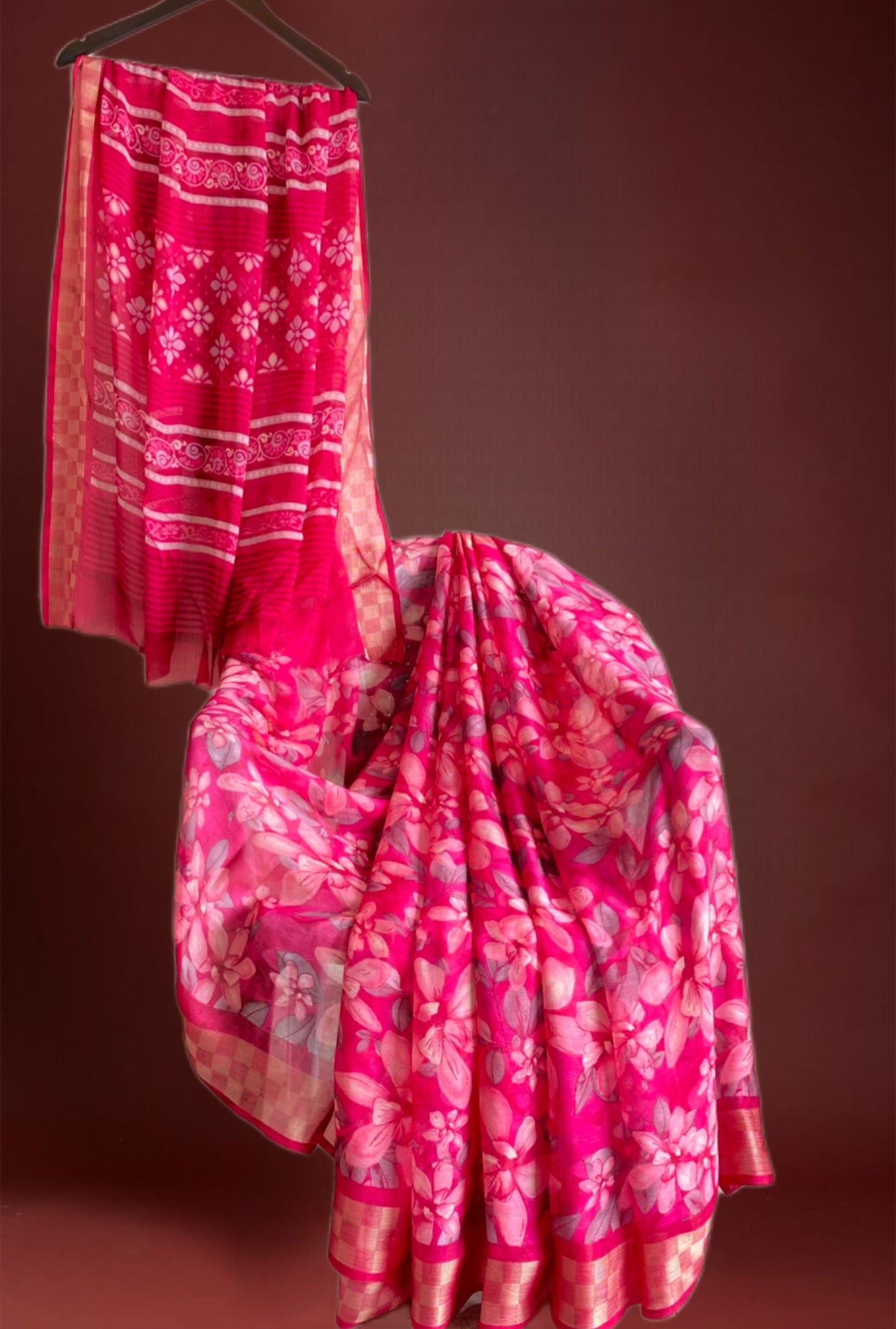 Floral Saree with Golden Checkered Border