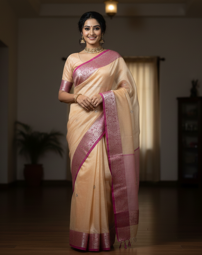 Classic Gold-Tone Soft Silk Saree with Pink Temple Border