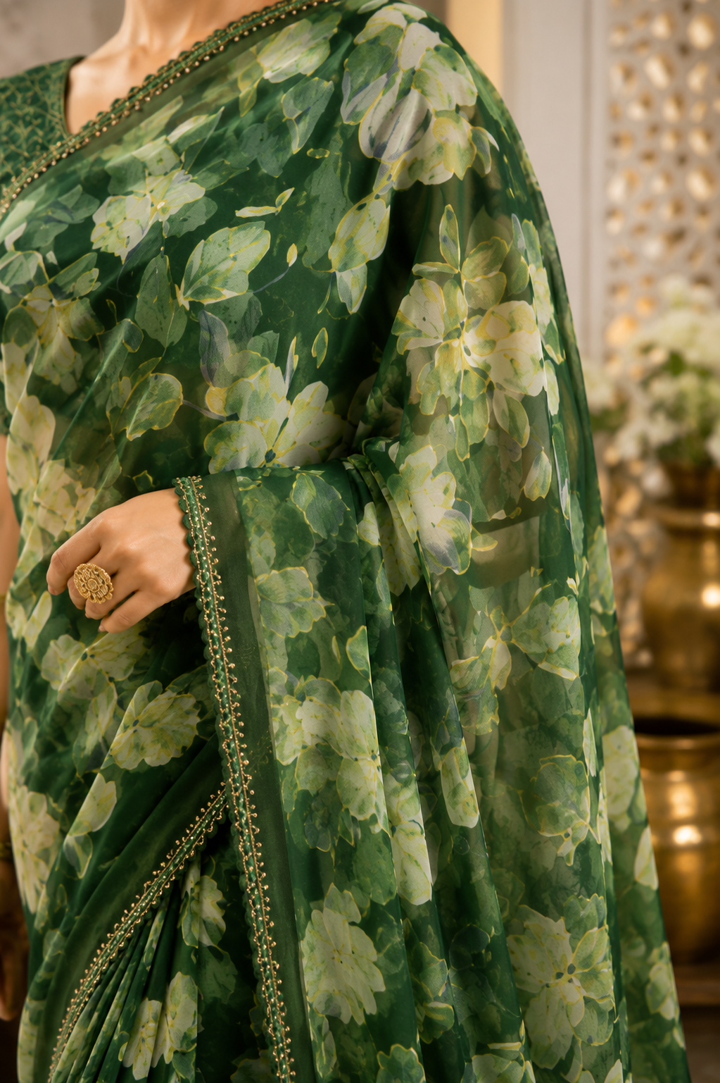Emerald Bloom Floral Printed Saree