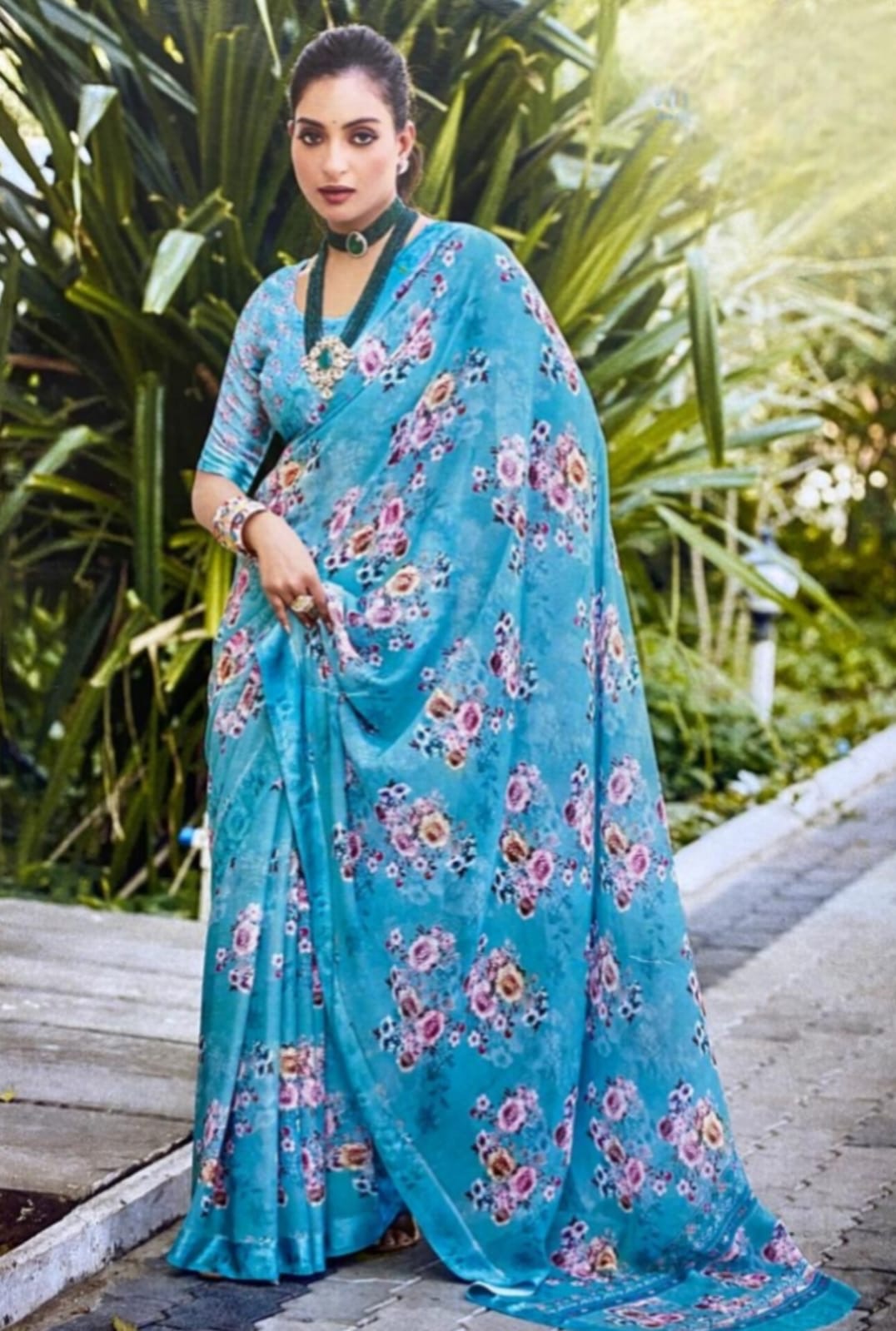Blossom Sky Floral Saree – Vibrant Elegance for Daytime Glam