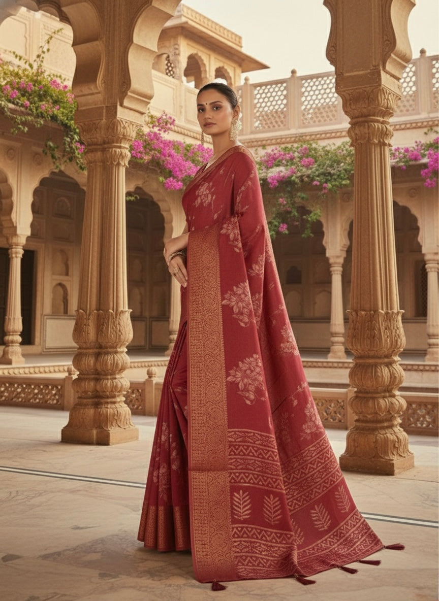 Heritage Floral Printed Silk Saree with Traditional Woven Border