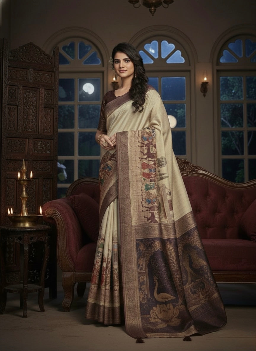 Ivory Heritage Narrative Print Silk Blend Saree