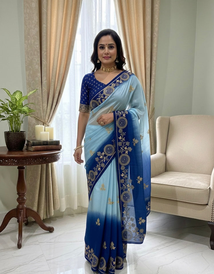 Lime Green Silk Saree with Contrast Olive Border & Floral Motifs