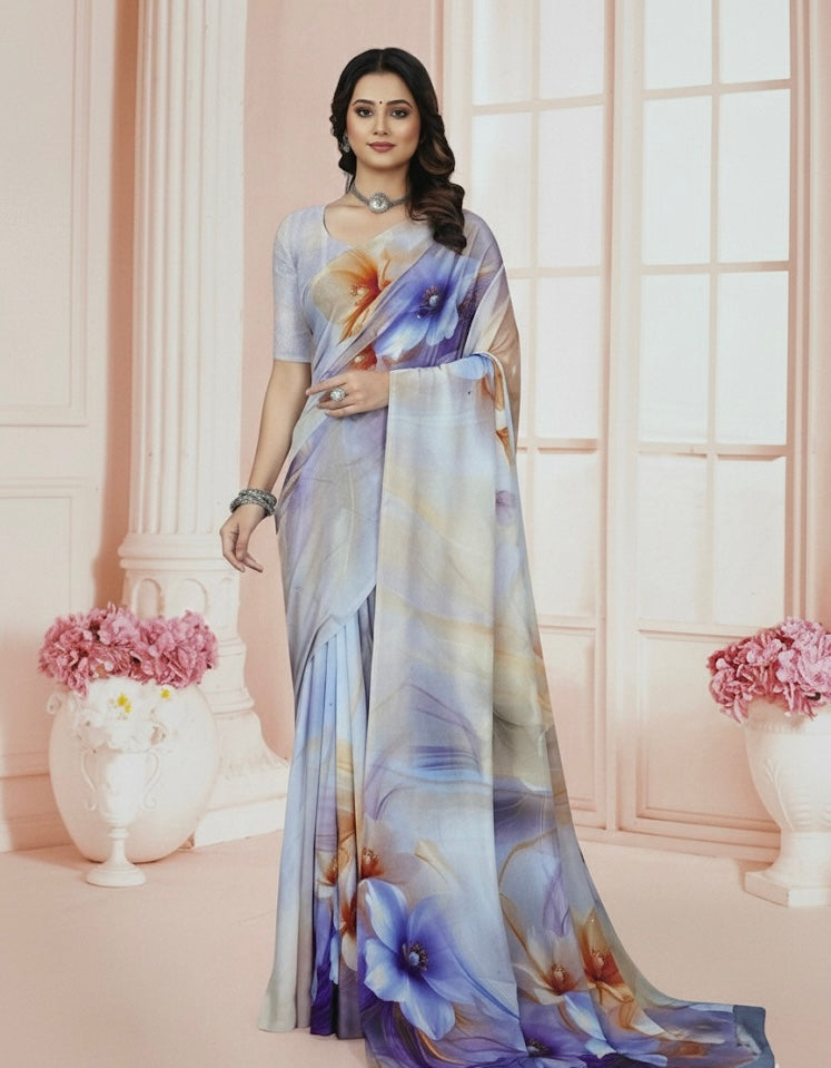 Pastel Blue Floral Printed Saree in Soft Georgette