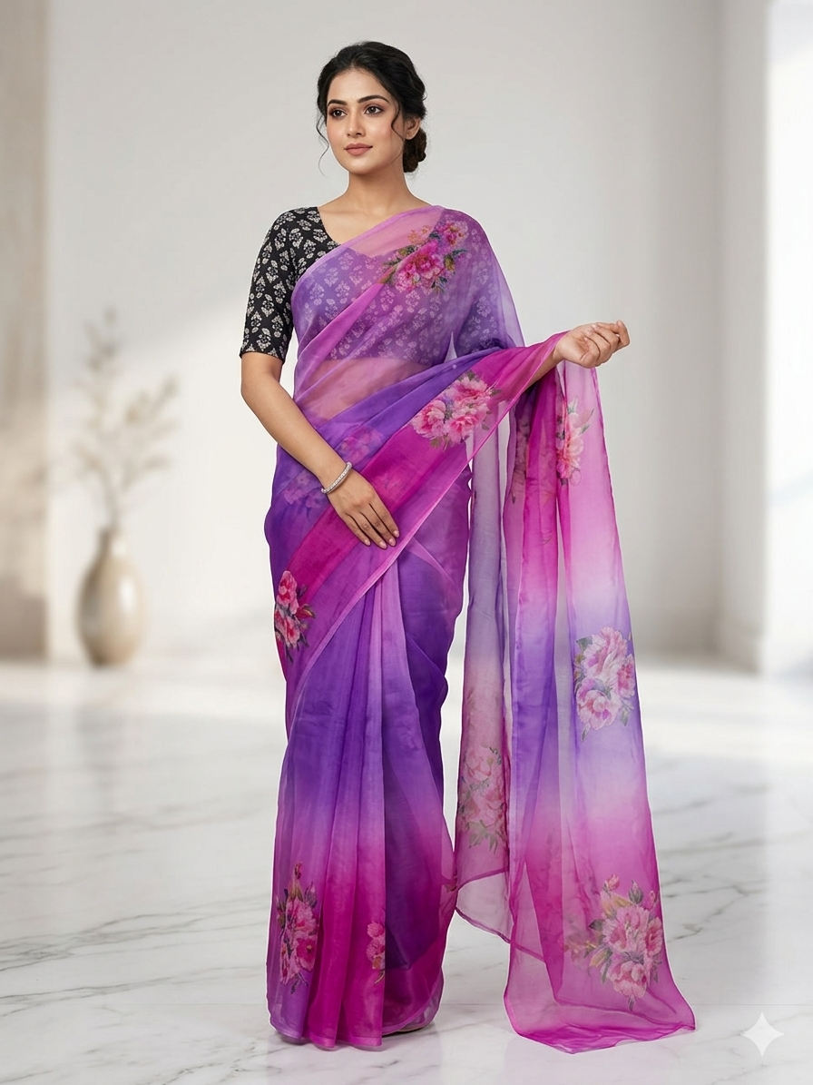 Ombre Floral Organza Saree