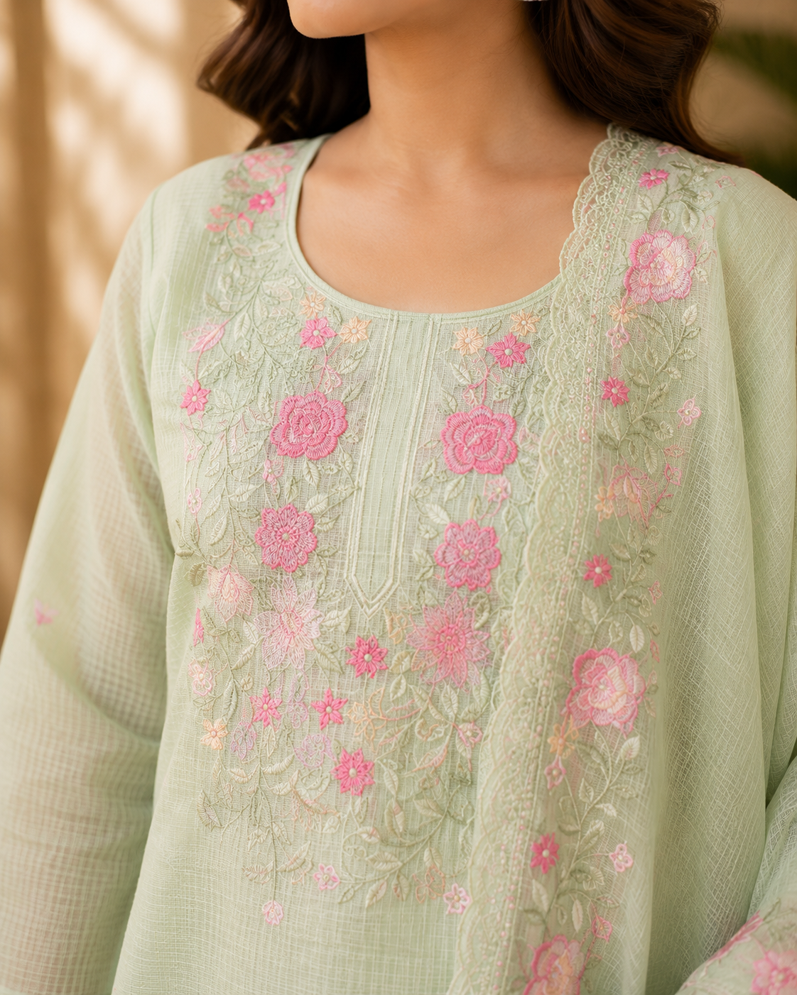 Mint Green Floral Embroidered Kurta Pant Dupatta Set