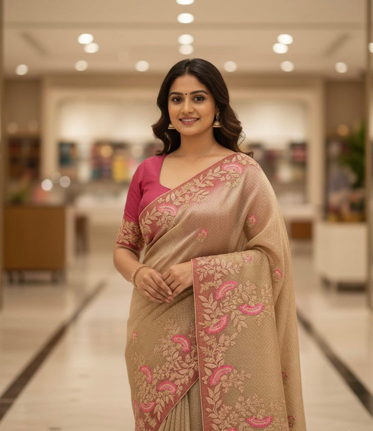 Beige Silk Saree with Pink Thread & Zari Floral Embroidery