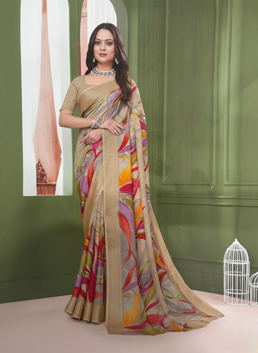 Beige Multicolor Abstract Printed Saree