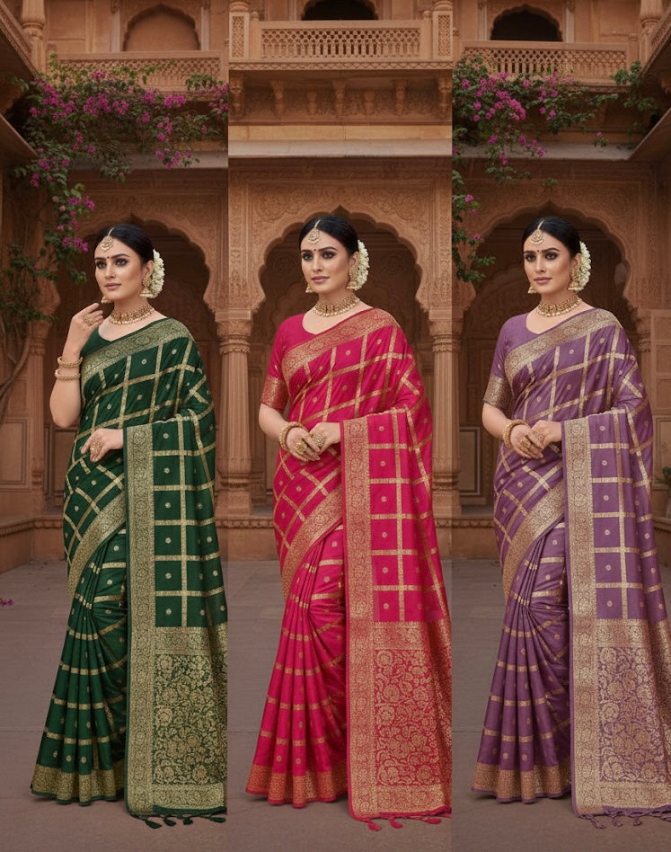 Traditional Woven Silk Saree with Gold Zari Checks – Green, Pink & Purple