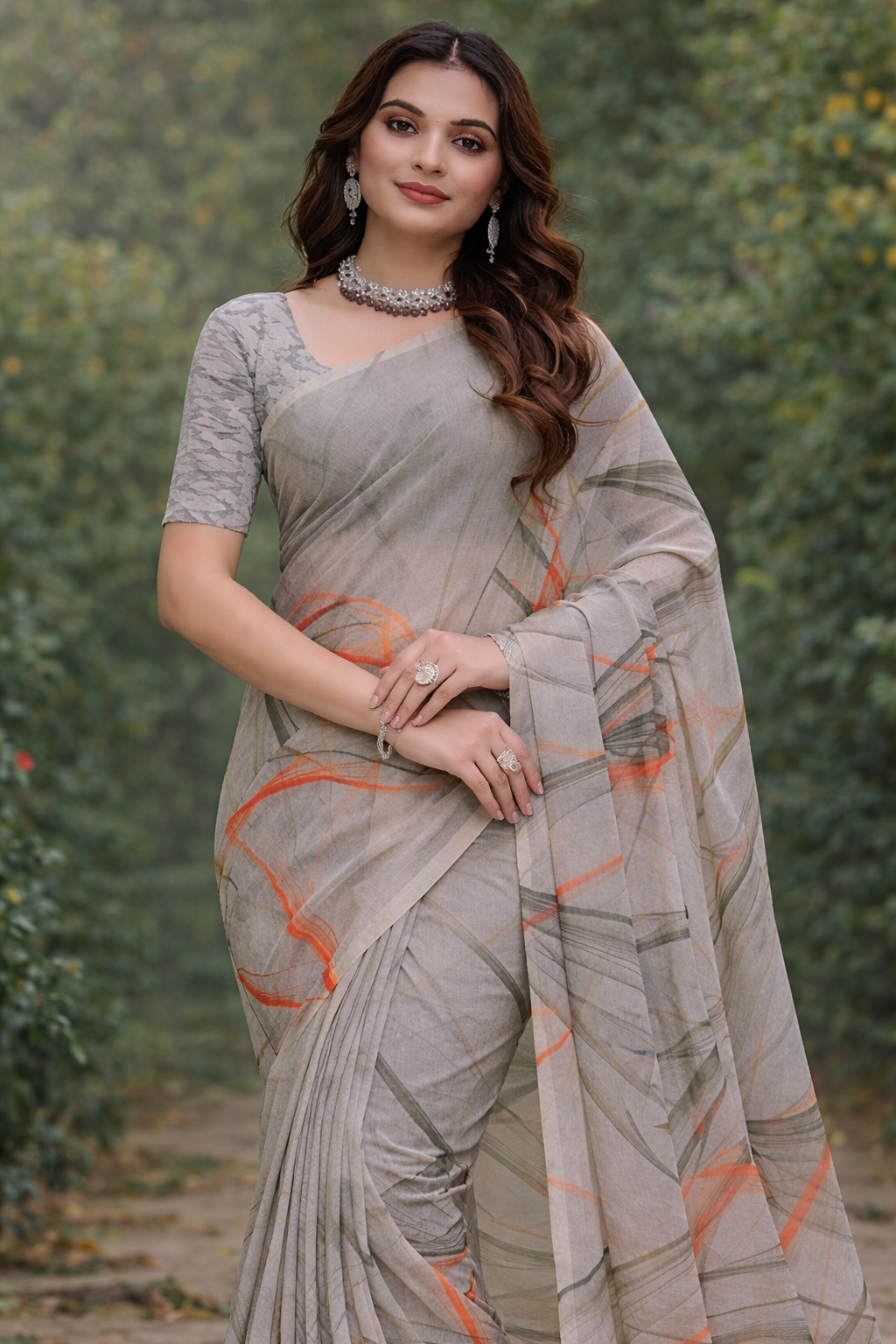 Beige Abstract Digital Print Linen Saree