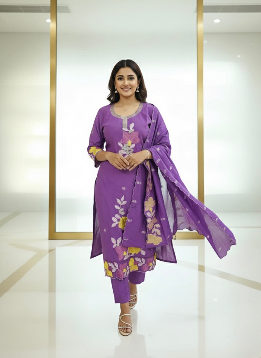 Purple Floral Embroidered Kurta Set with Dupatta