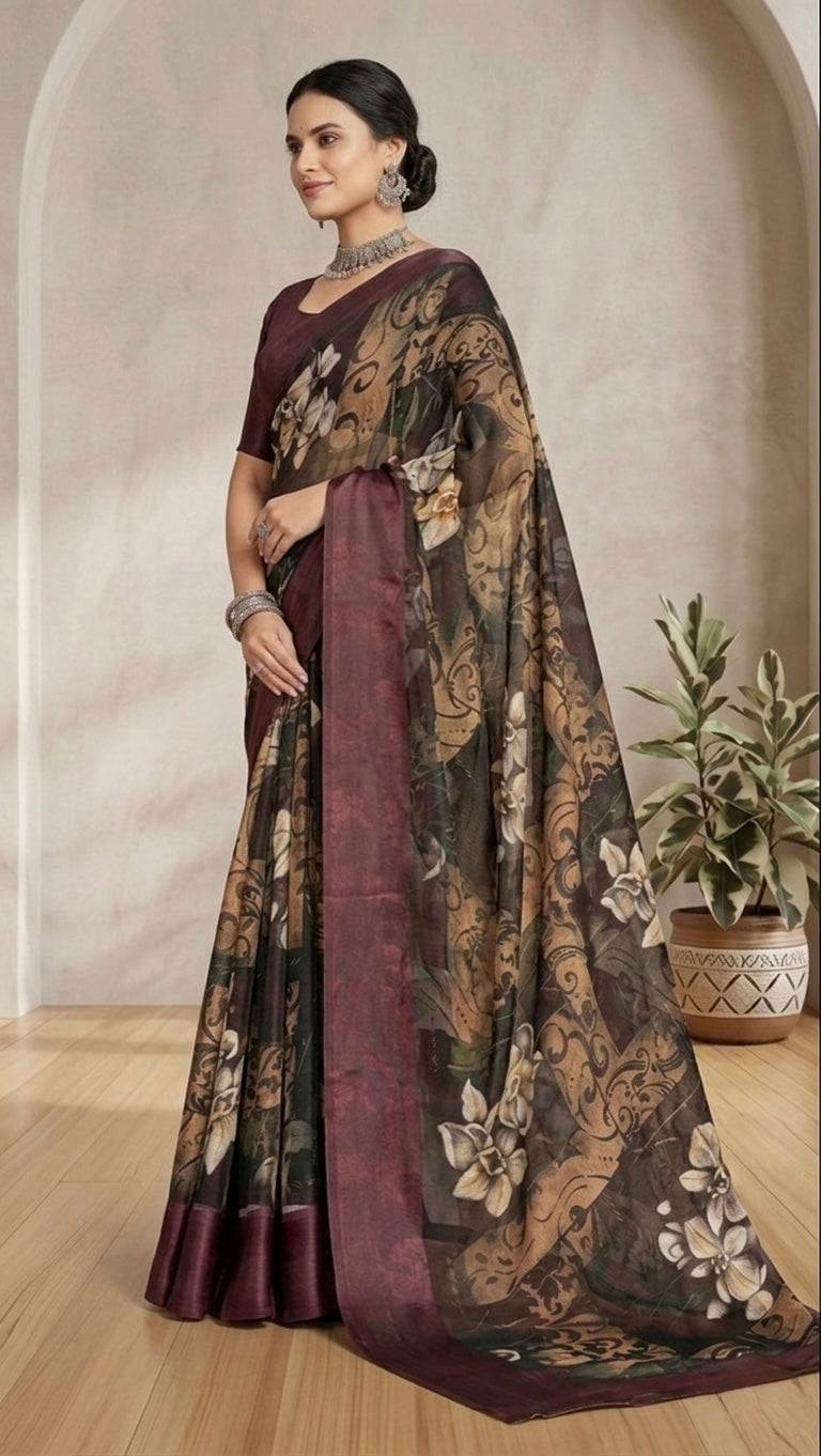 Midnight Orchid Printed Satin Saree