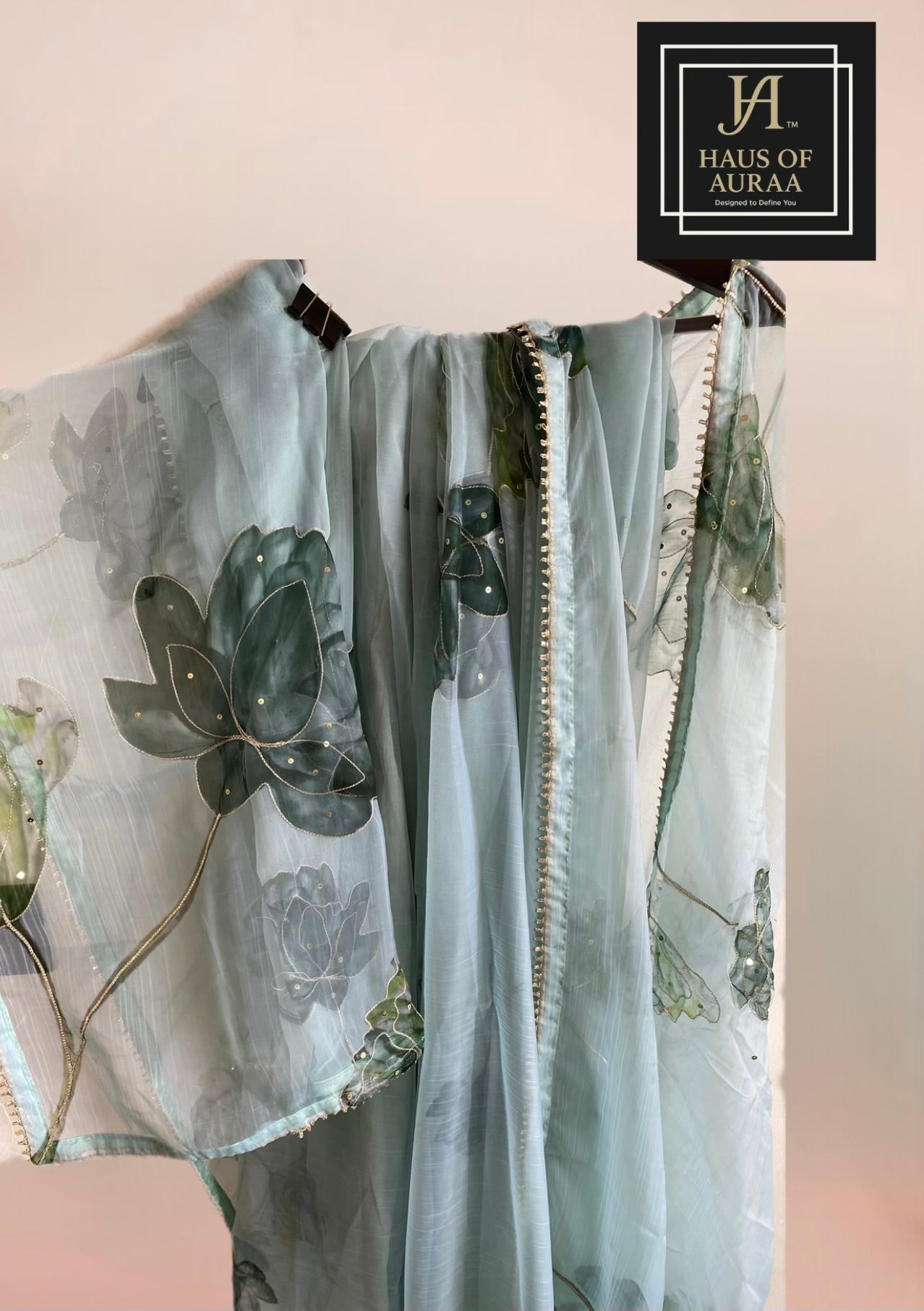 Seafoam Green Organza Saree with Lotus Motifs