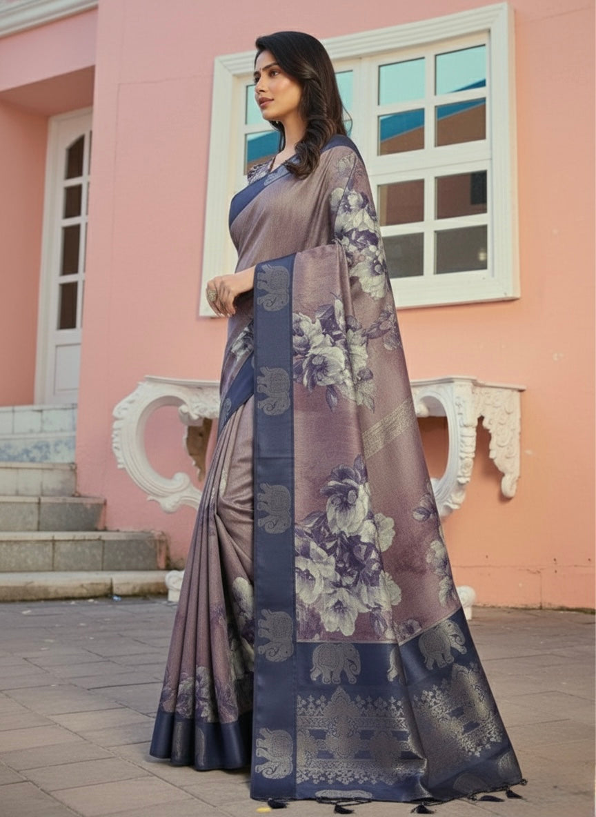 Dusky Orchid Elephant Motif Silk Blend Saree