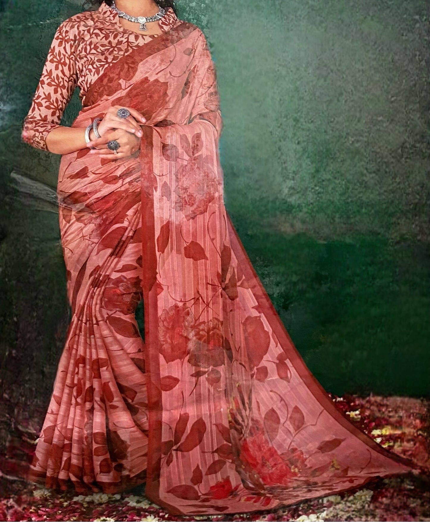 Terracotta Red Floral Printed Saree