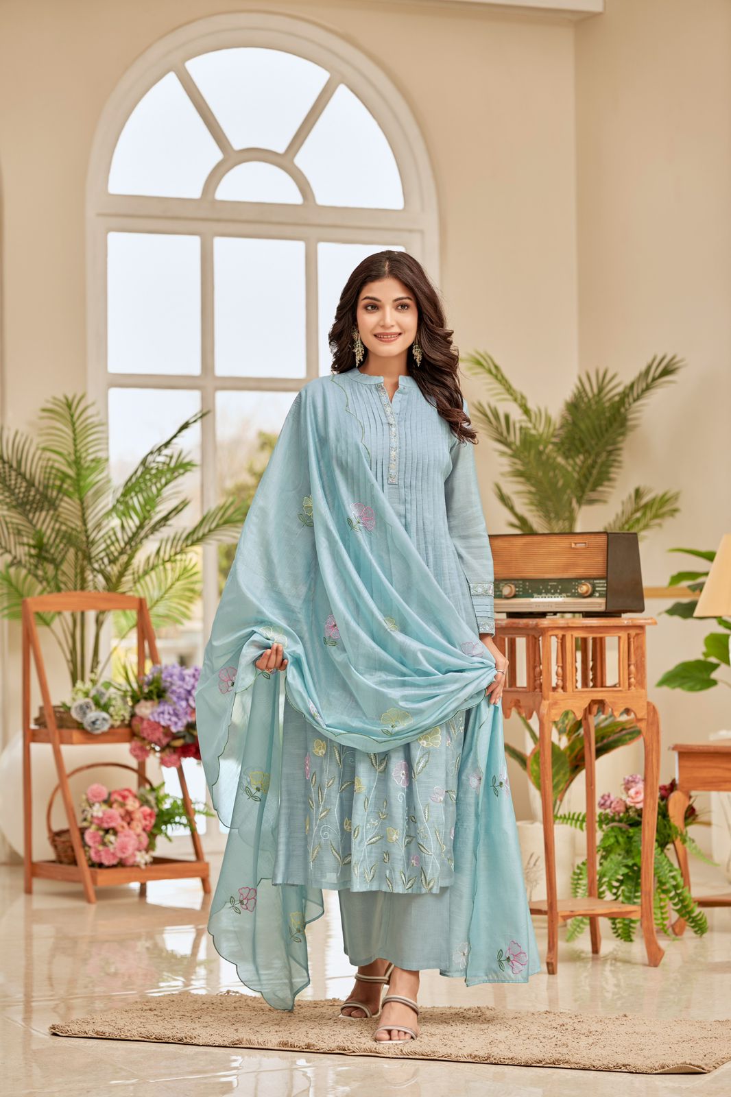 Powder Blue Hand-Embroidered Chanderi Kurta Set with Dupatta