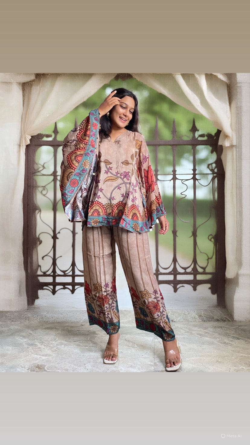 Multicolor Printed Co-ord Set in Earthy Beige with Folk-Inspired Motifs