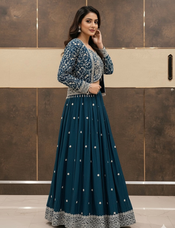 Teal Blue Georgette Lehenga Set with Intricate Embroidery