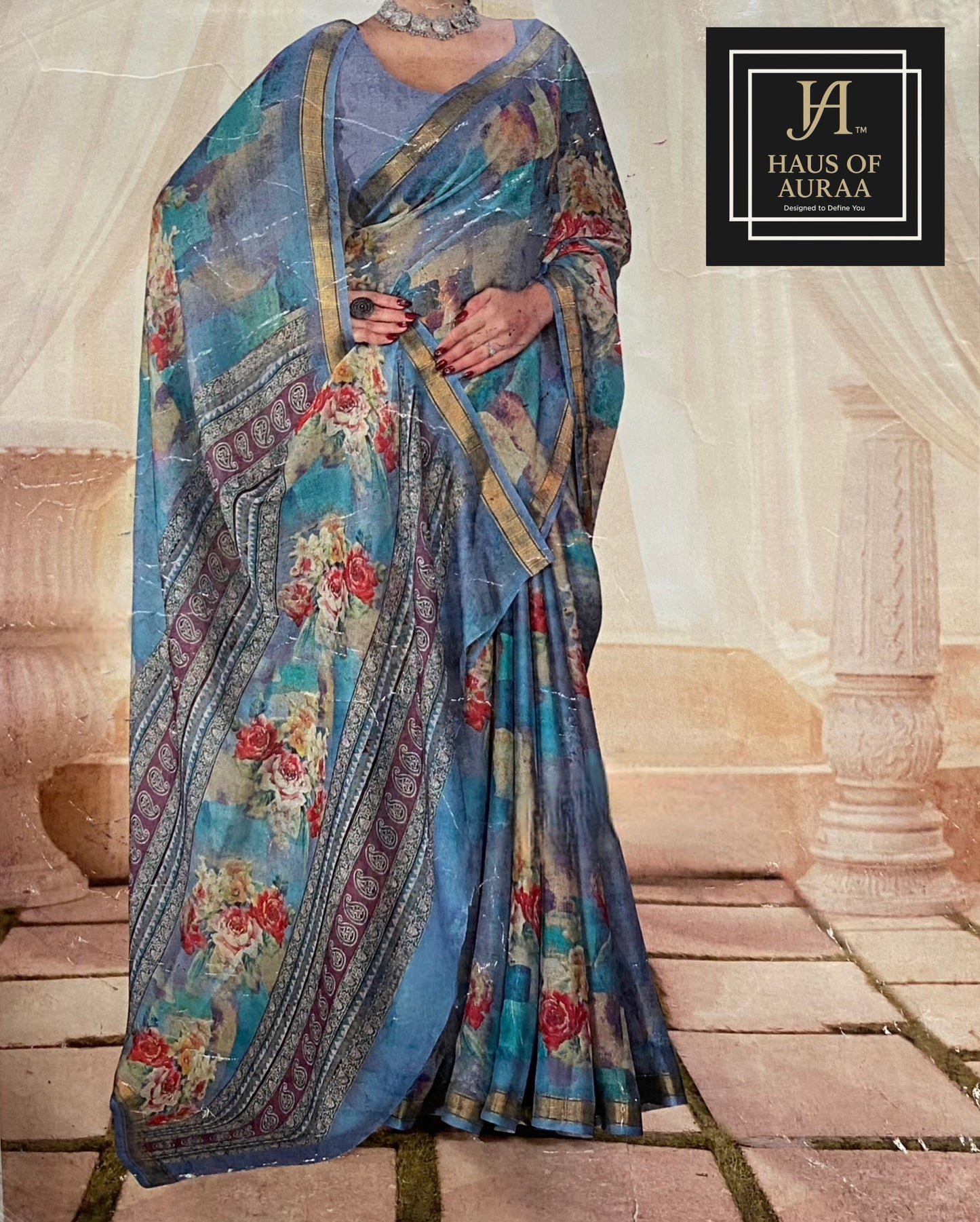 Blue Floral Print Saree