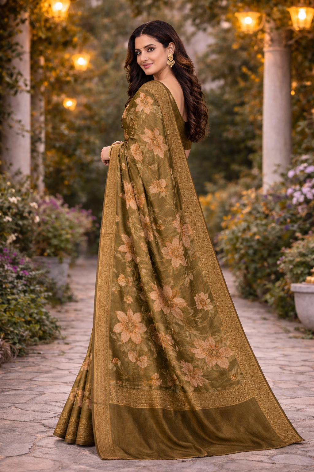 Olive Bloom Zari Organza Saree