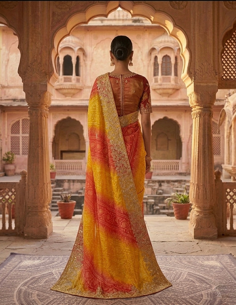 Sunrise Bloom Bhandej Saree