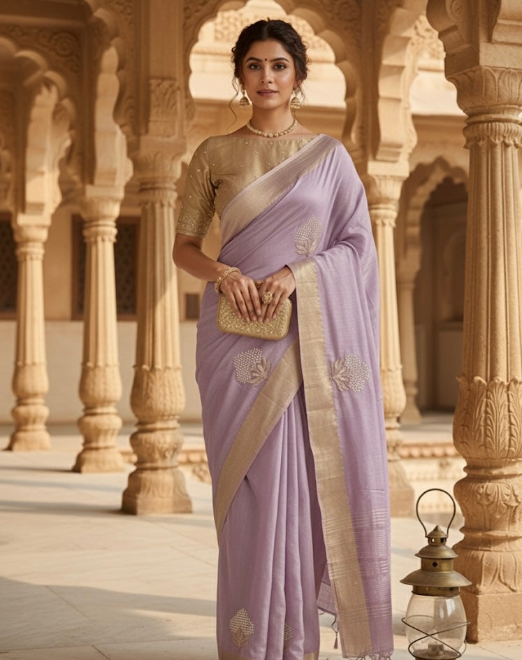 Gold Embroidered Silk Saree with Zari Border