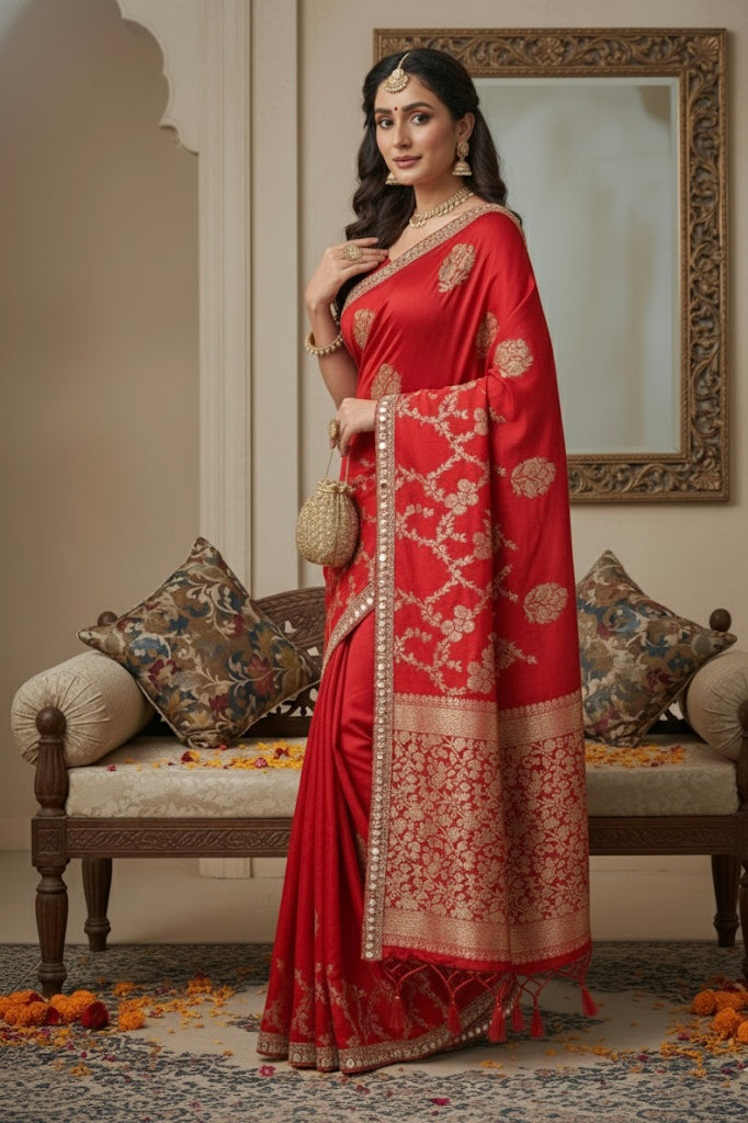 Red Silk Saree with Golden Zari Embroidery & Mirror Border