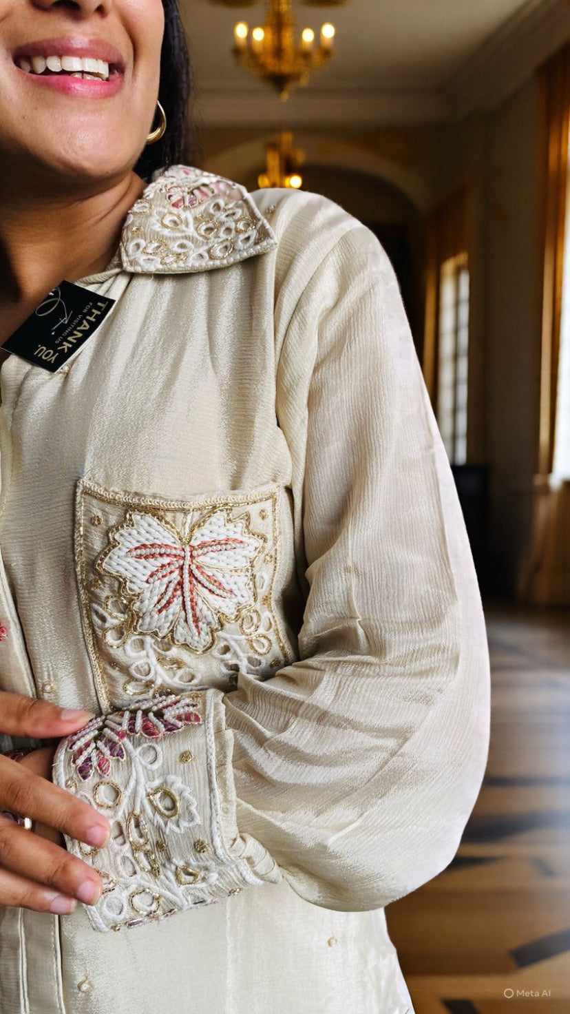 Ivory Embroidered Satin Co-ord Set with Cutwork Detailing