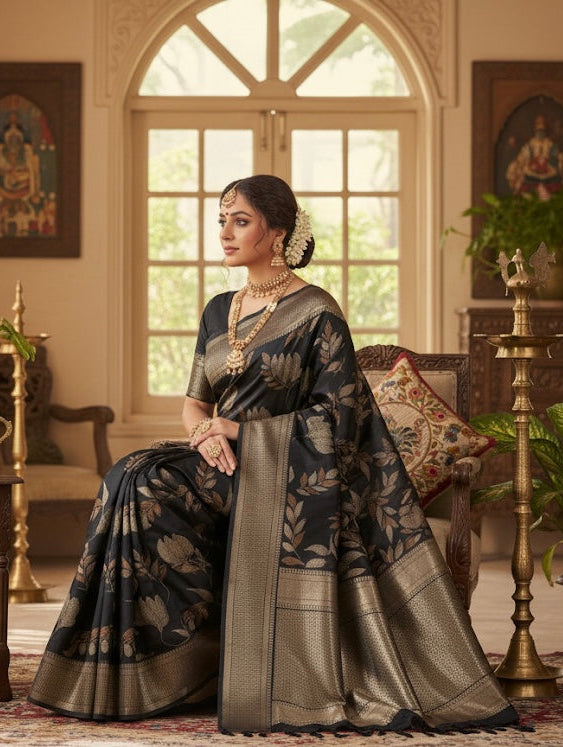 Black Banarasi Silk Blend Saree with Antique Zari Floral Brocade