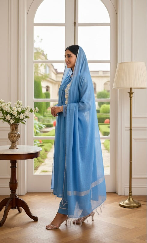Sky Blue Cotton Chikankari Kurta Set with Hand Embroidery & Zari Dupatta