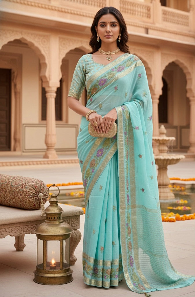 Sky Blue Embroidered Silk Saree with Floral Zari Border