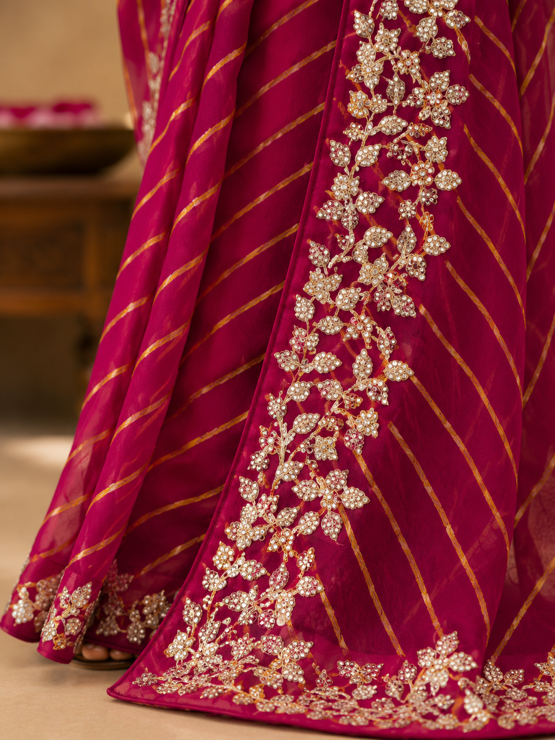 Embroidered Leheriya Soft Chiffon Saree