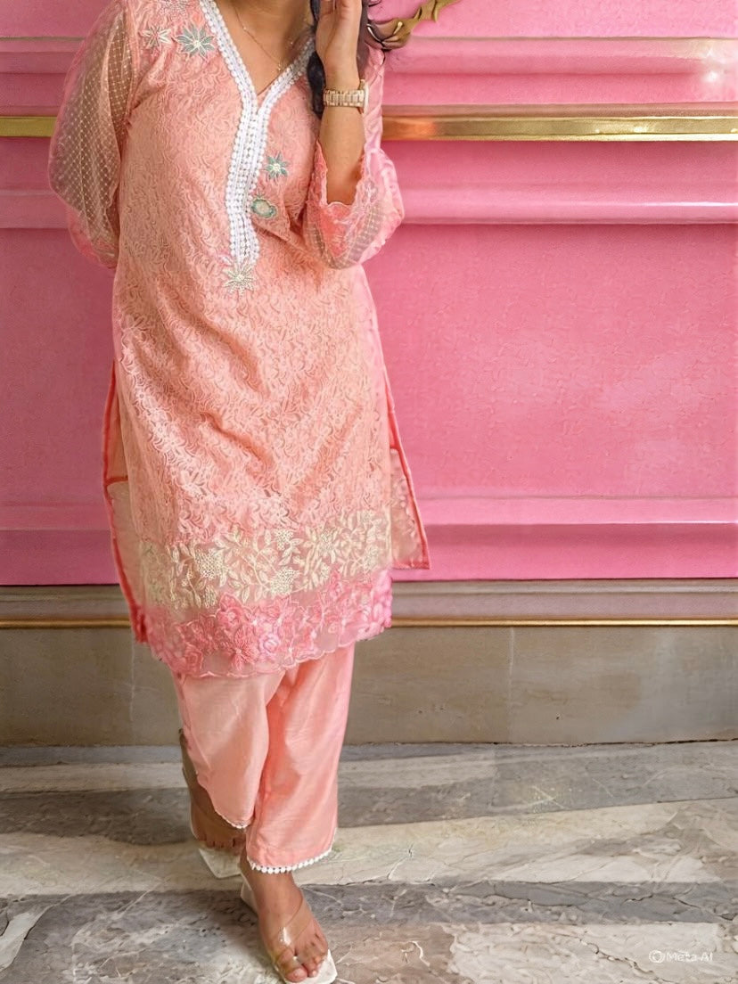 Peach Embroidered Kurta Set with Net Sleeves and Scalloped Hem