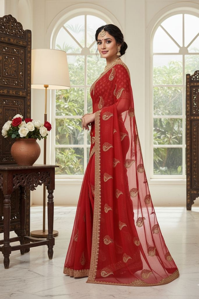 Crimson Red Georgette Saree with Zari Paisley Embroidery