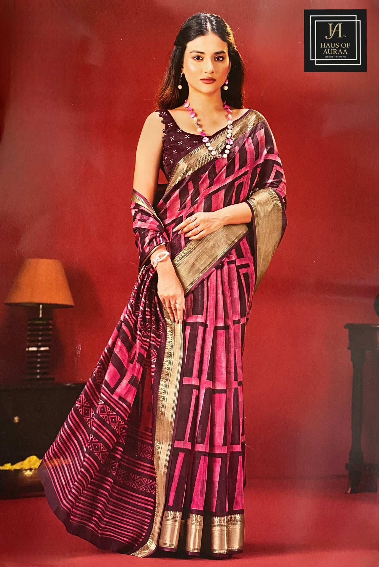 Contemporary Wine-Pink Saree with Golden Zari Border